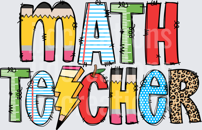 Math Teacher Colorful Patterned Letters with Apple and Lightning Bolt