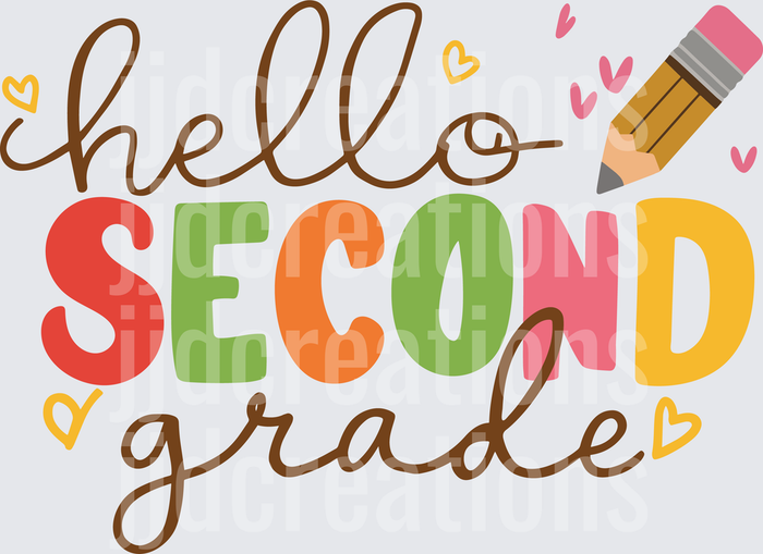 Hello Second Grade Back to School Design with Pencil and Hearts