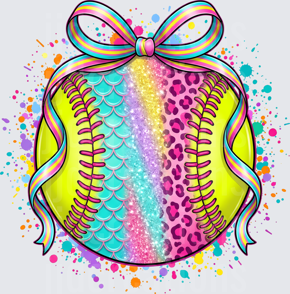 Colorful Softball with Rainbow Bow and Paint Splatter Design