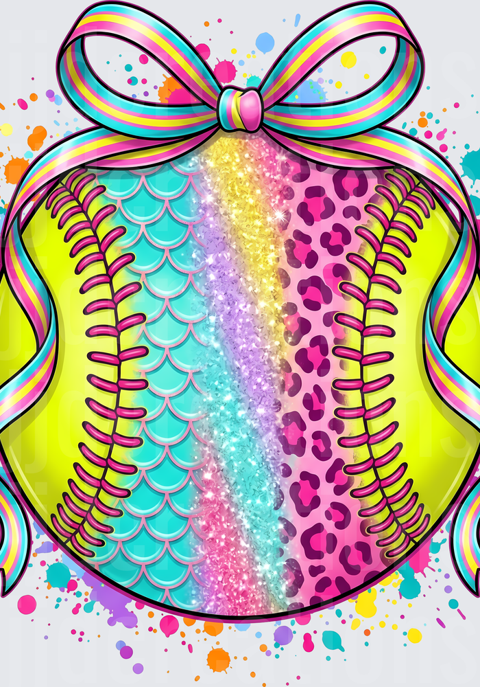Colorful Softball with Rainbow Bow and Paint Splatter Design