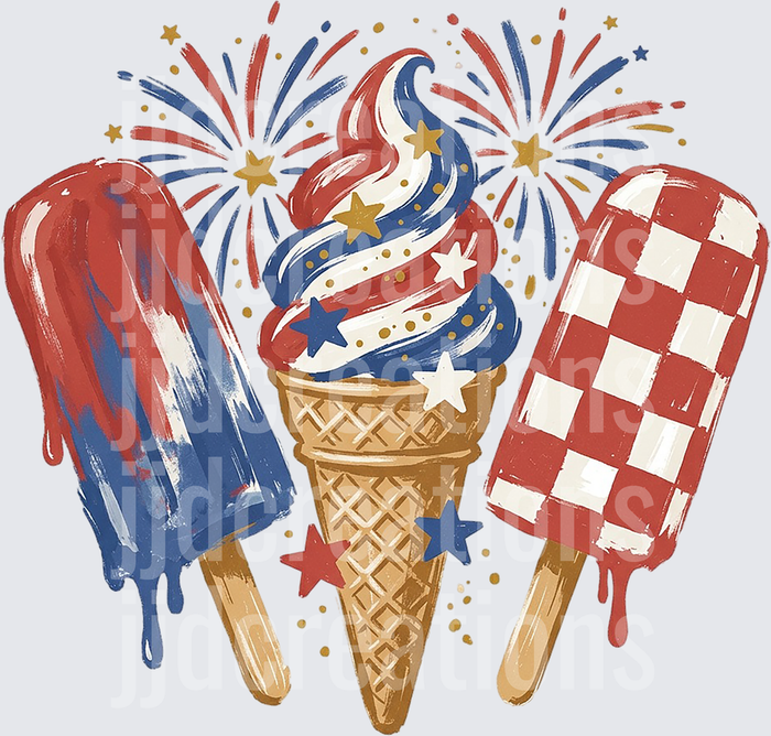 Patriotic Ice Cream Treats with Red White Blue Fireworks
