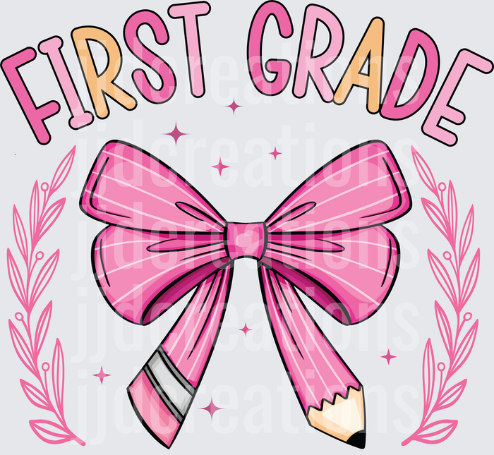 First Grade Pink Bow with Pencil and Floral Elements