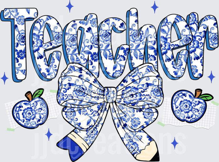 Teacher Blue and White Floral Chinoiserie Pattern with Bow and Apples