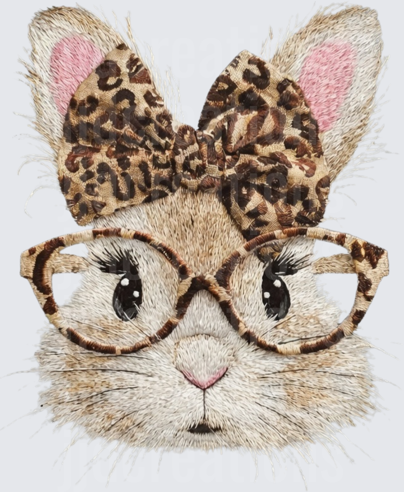 Cute Bunny with Leopard Print Bow and Glasses Embroidered Design