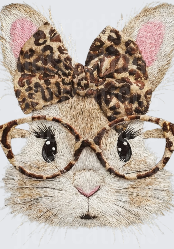 Cute Bunny with Leopard Print Bow and Glasses Embroidered Design