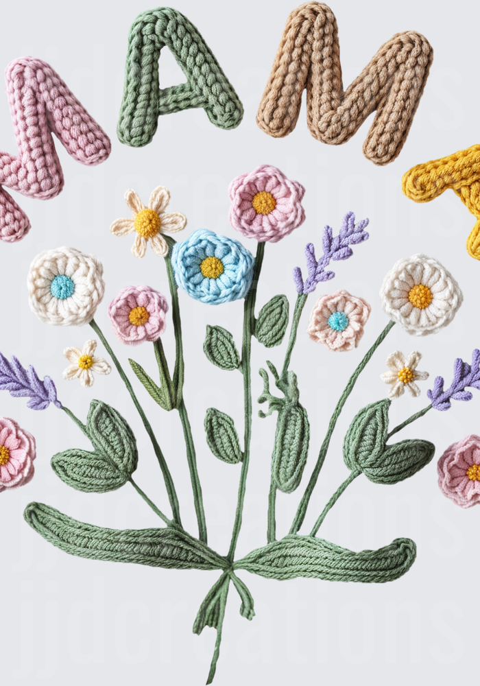 Mama Embroidered Crochet Style Floral Bouquet Design