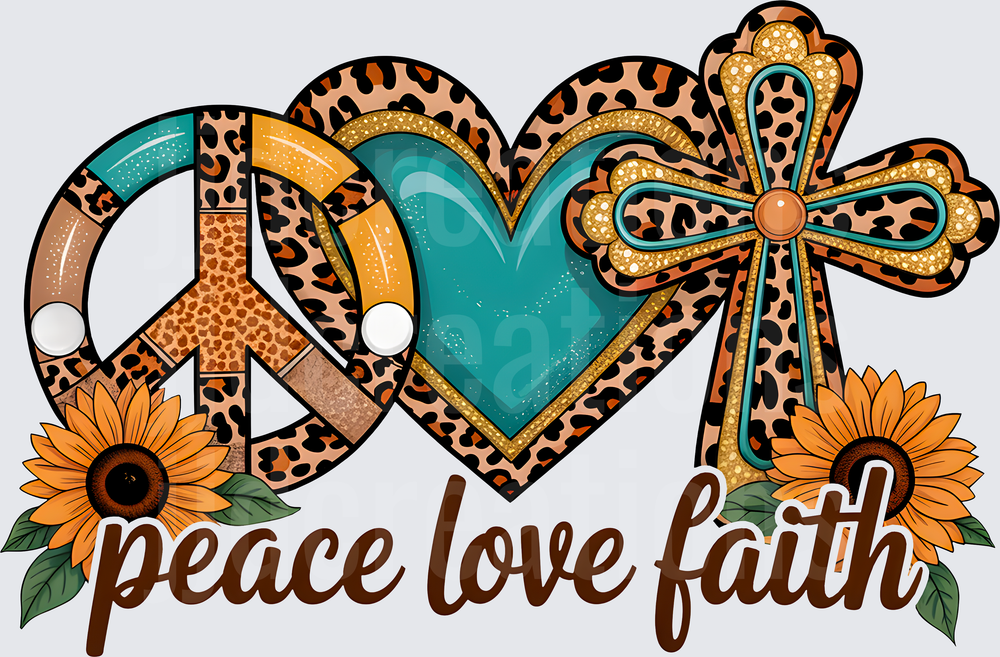 Peace Love Faith Leopard Print Cross Heart Sunflowers