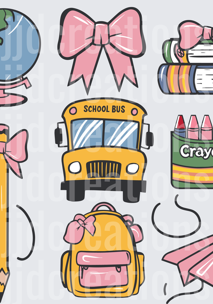 Pink Bow School Supplies Collection Globe Books Bus Crayola Pencil Backpack Paper Plane