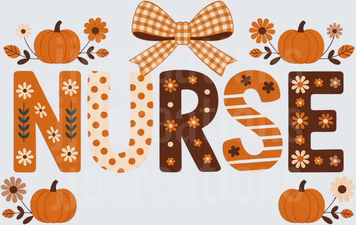 NURSE Text with Autumn Pumpkins and Gingham Bow Design
