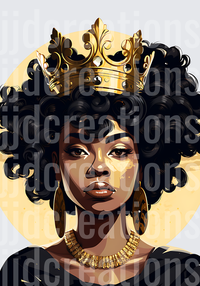 African Queen with Golden Crown and Natural Hair Portrait