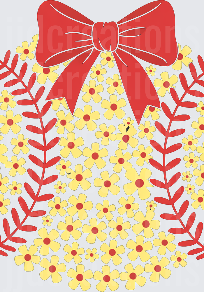 Spring Floral Wreath with Red Bow and Yellow Daisies