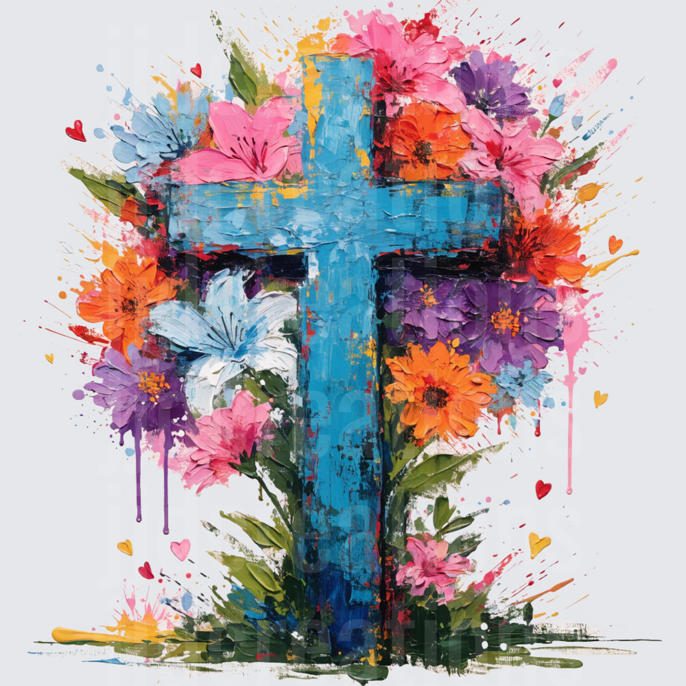 Watercolor Cross with Vibrant Flowers Paint Splash Design