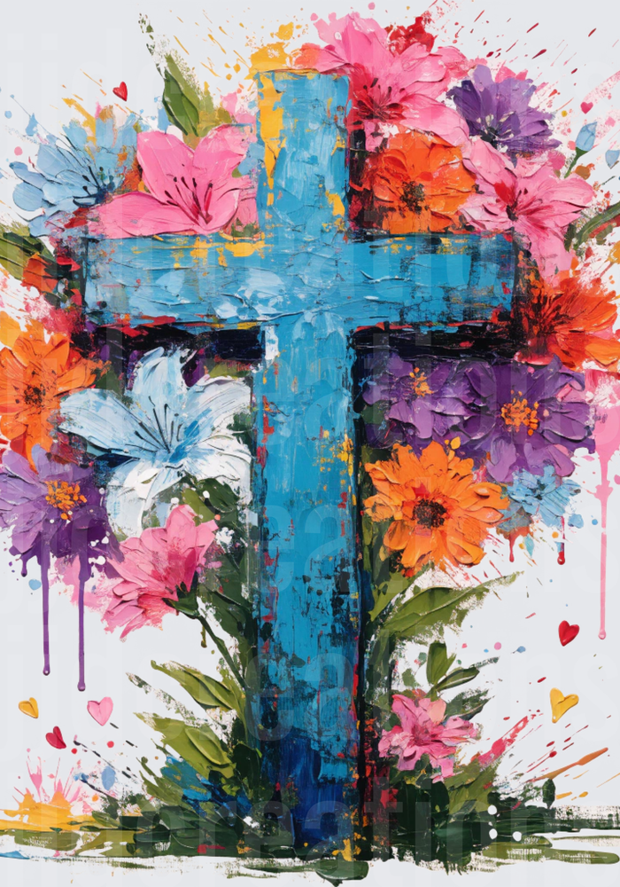 Watercolor Cross with Vibrant Flowers Paint Splash Design