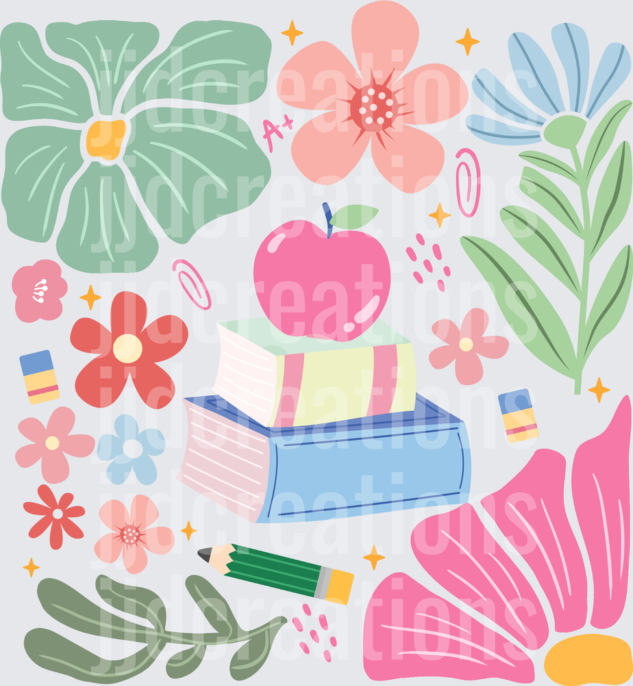 Back to School Teacher Floral Elements with Apple Books Pencil