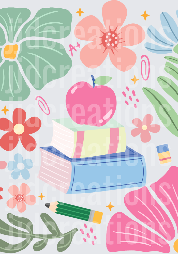 Back to School Teacher Floral Elements with Apple Books Pencil