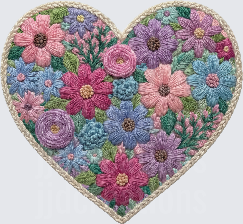 Embroidered Floral Heart with Rope Border and Colorful Blooms