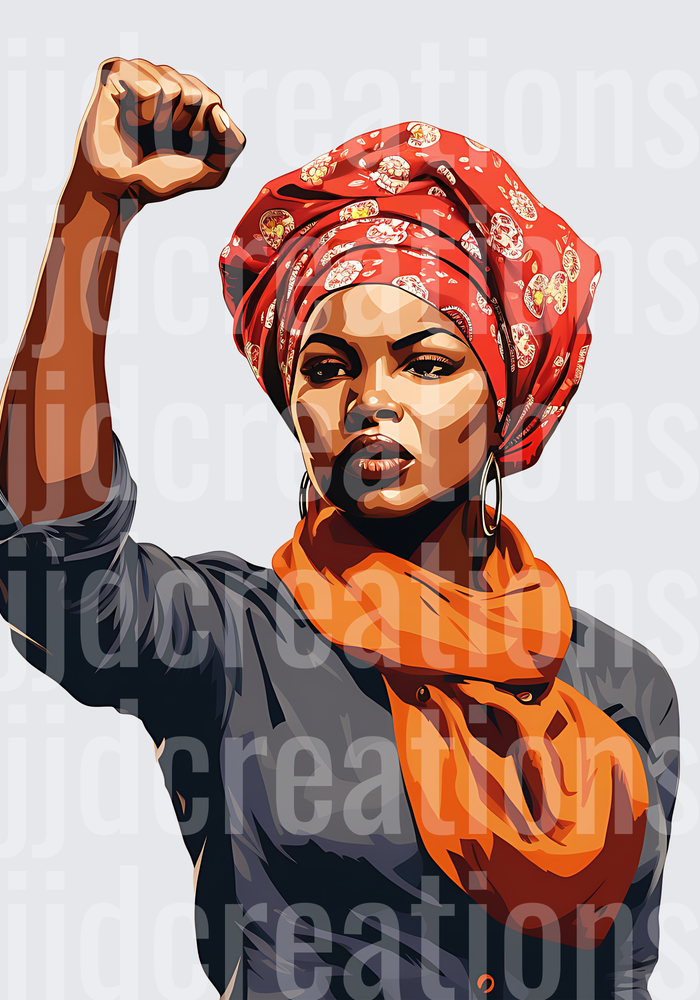 Strong African Woman with Red Head Wrap Raising Fist in Power Pose