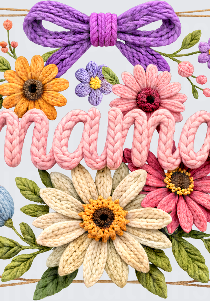 Knitted Yarn Mama Text with Purple Bow and Floral Border