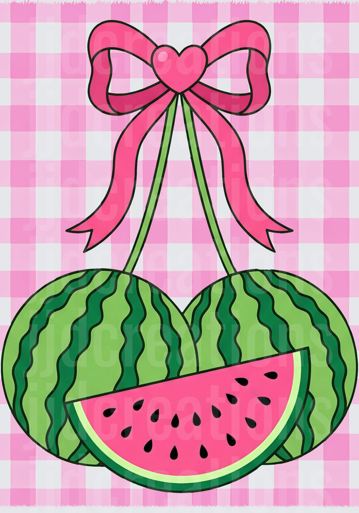 Kawaii Watermelon with Pink Heart Bow on Gingham Background
