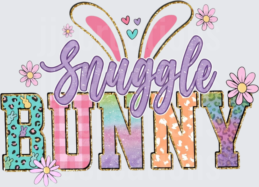 Snuggle Bunny Text with Colorful Patterned Letters and Flowers