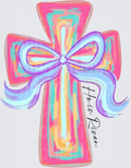 Colorful Rainbow Cross with Purple Bow He is Risen Design