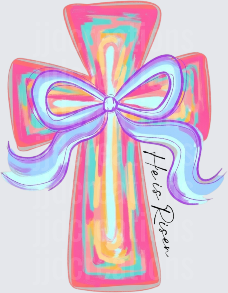 Colorful Rainbow Cross with Purple Bow He is Risen Design