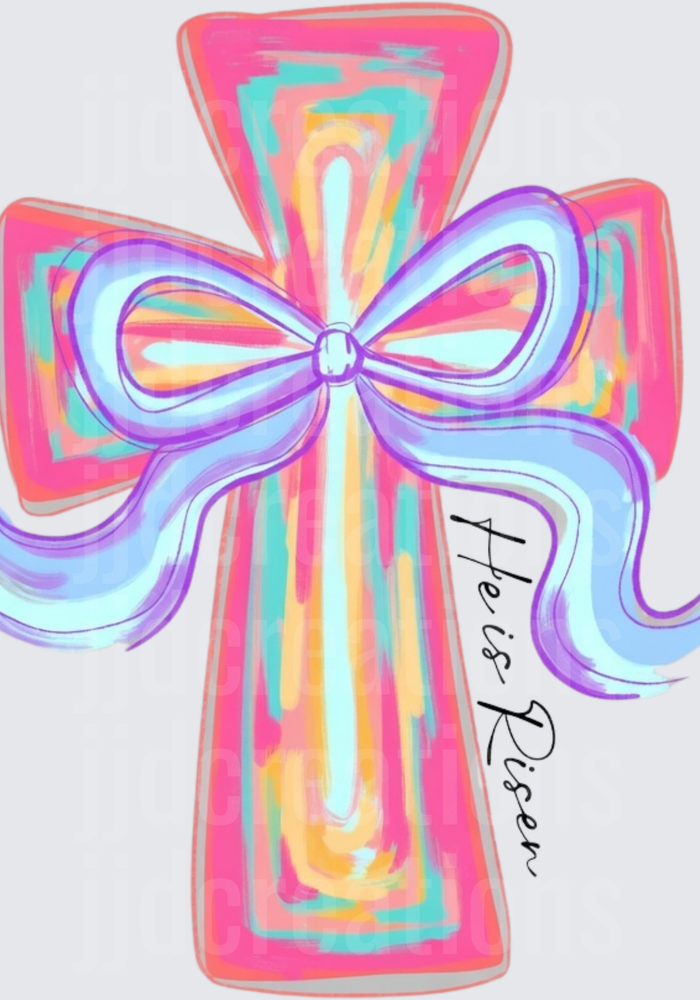 Colorful Rainbow Cross with Purple Bow He is Risen Design