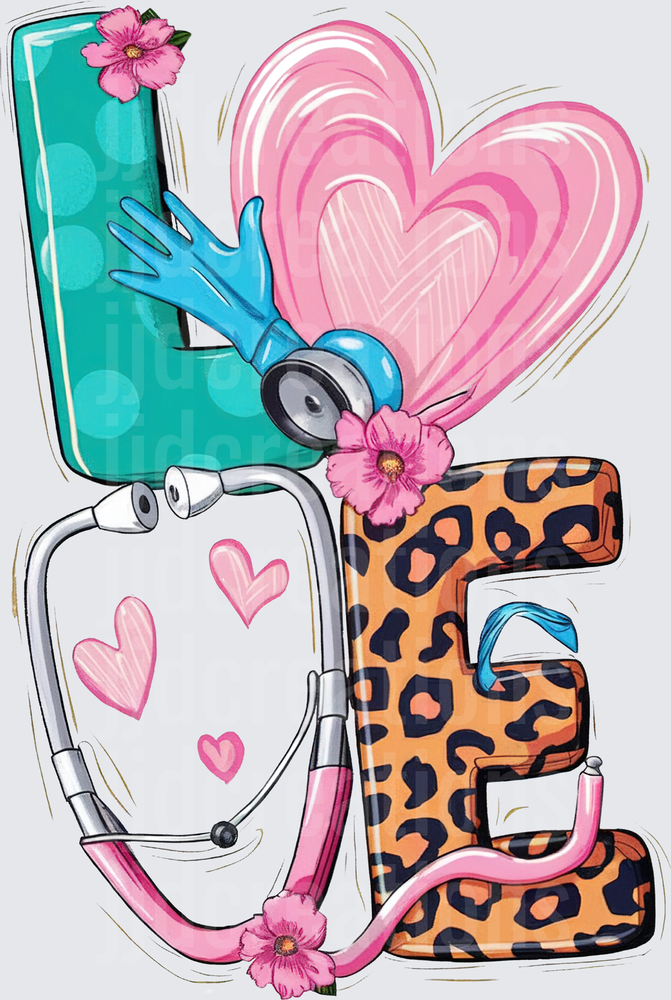 LOVE Medical Stethoscope Pink Heart Leopard Print Flowers