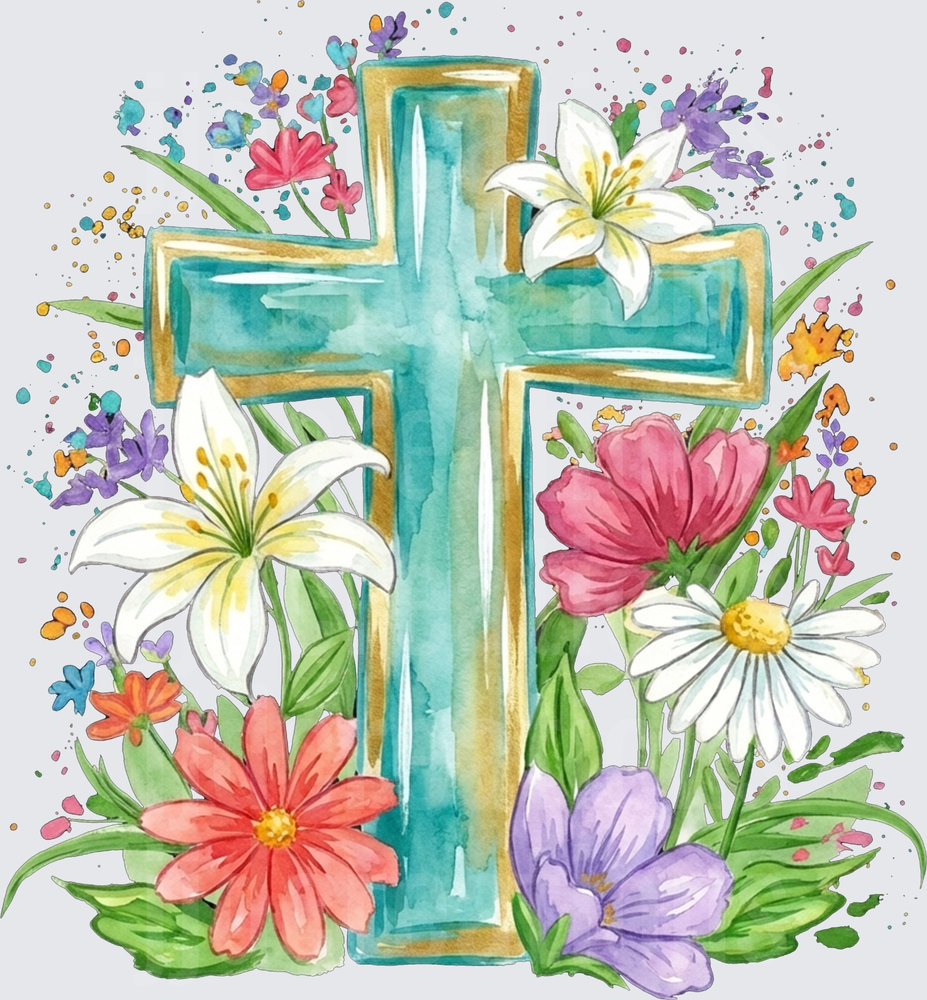 Watercolor Cross with Spring Flowers and Paint Splashes