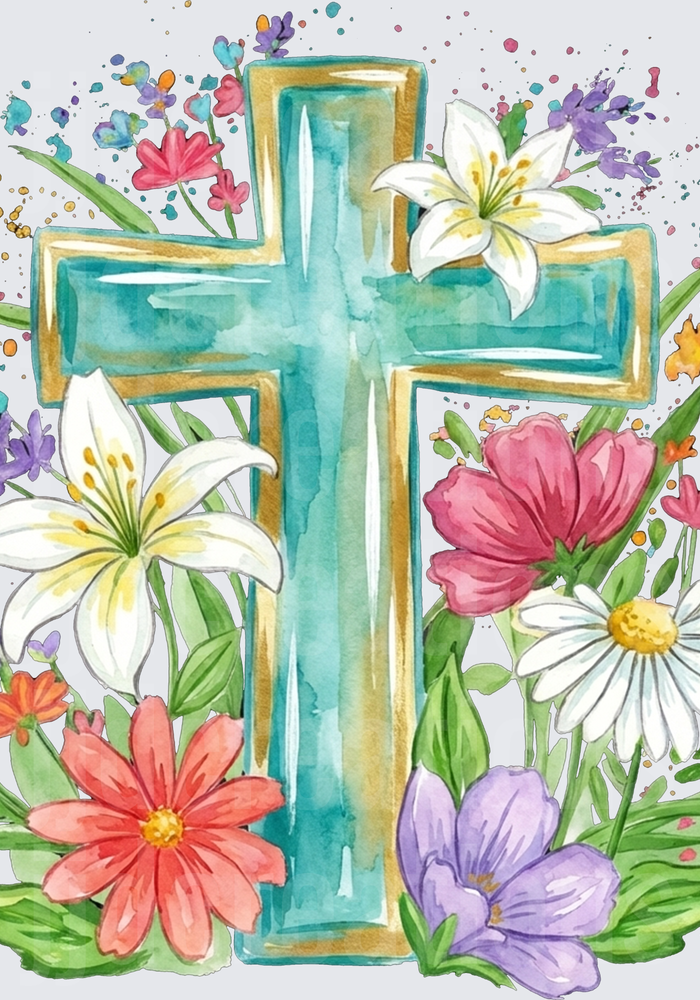 Watercolor Cross with Spring Flowers and Paint Splashes