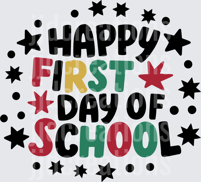 Happy First Day of School Colorful Text with Stars and Dots