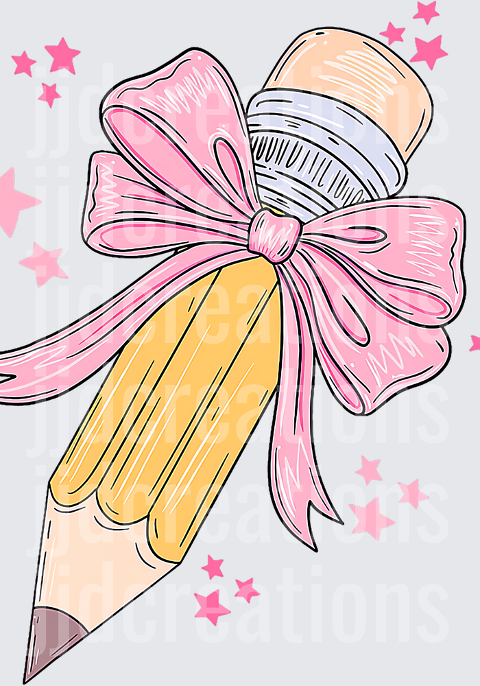 Pencil with Pink Bow and Stars Cute School Design