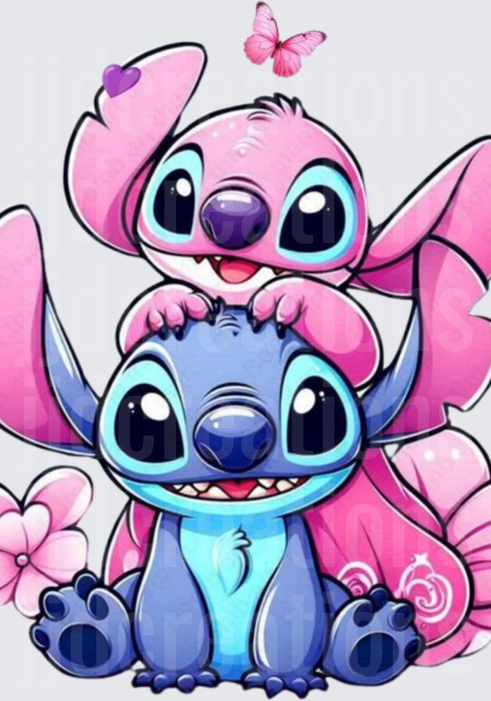 Stitch and Angel with Pink Flowers and Butterfly