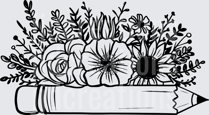 Floral Bouquet Blooming from Open Book Black Line Art