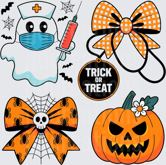 Halloween Nurse Ghost with Trick or Treat Bows and Jack-o-Lantern