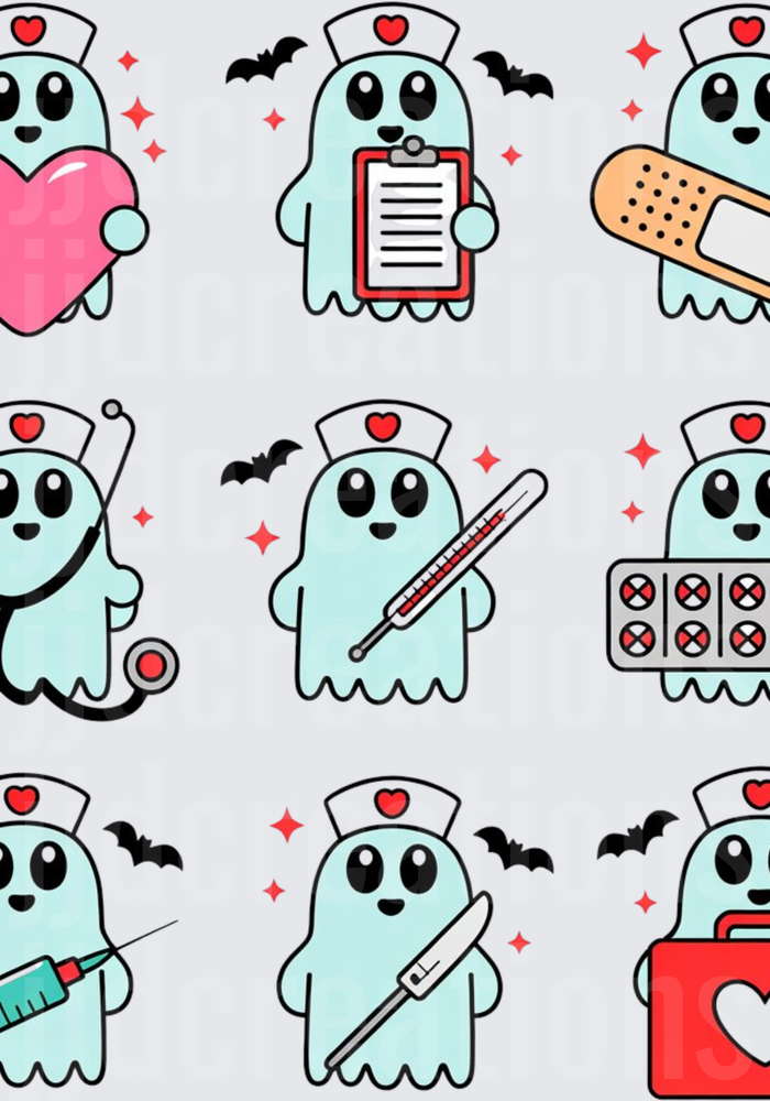 Cute Ghost Nurse Medical Halloween Characters with Hearts and Medical Equipment