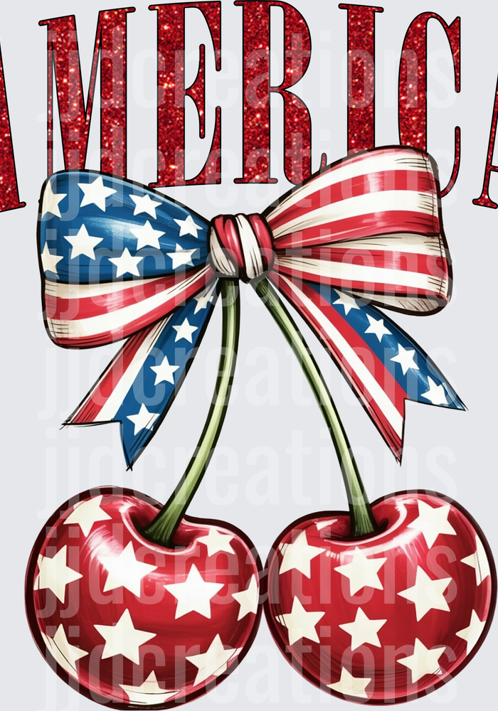 America Red Glitter Text with Patriotic Flag Bow and Star Cherries