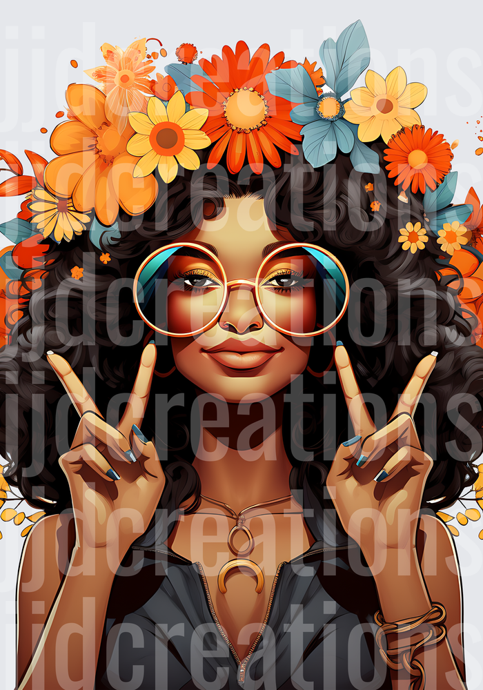 Bohemian Woman with Flower Crown Making Peace Signs