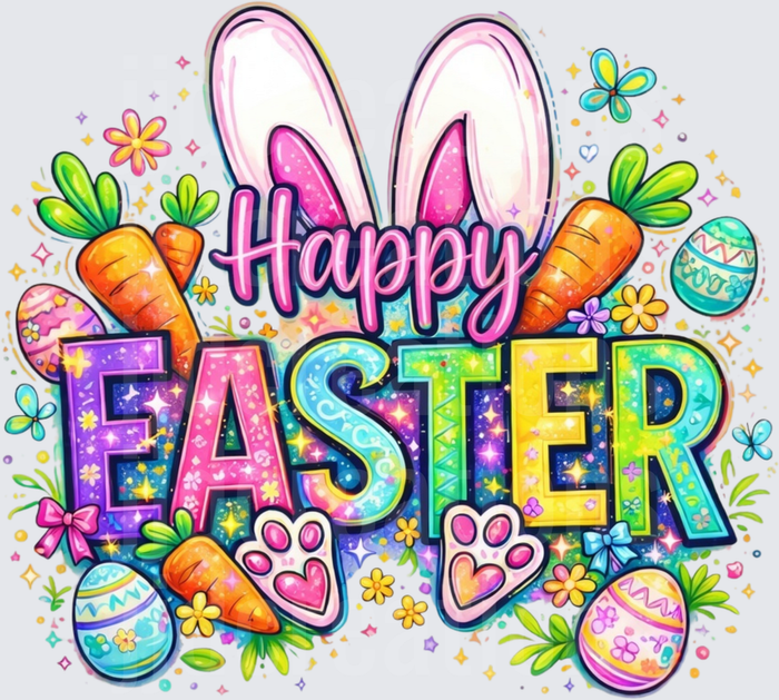 Happy Easter Bunny Ears Carrots Eggs Colorful Design