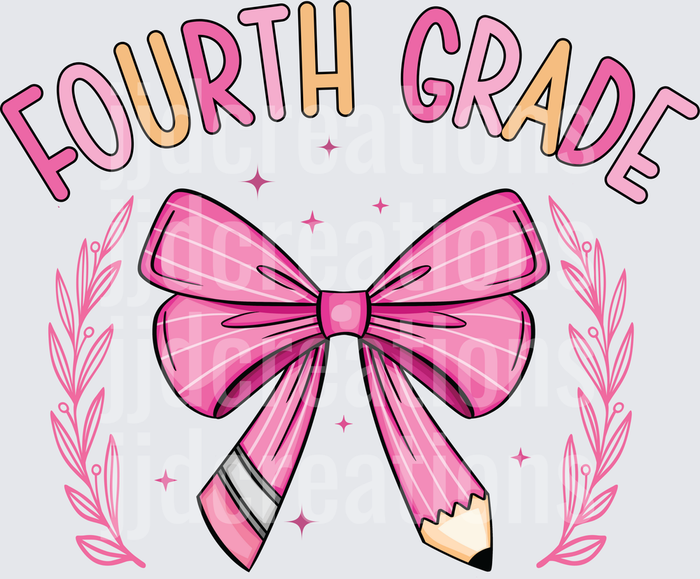 Fourth Grade Pink Bow with Pencil and Floral Elements
