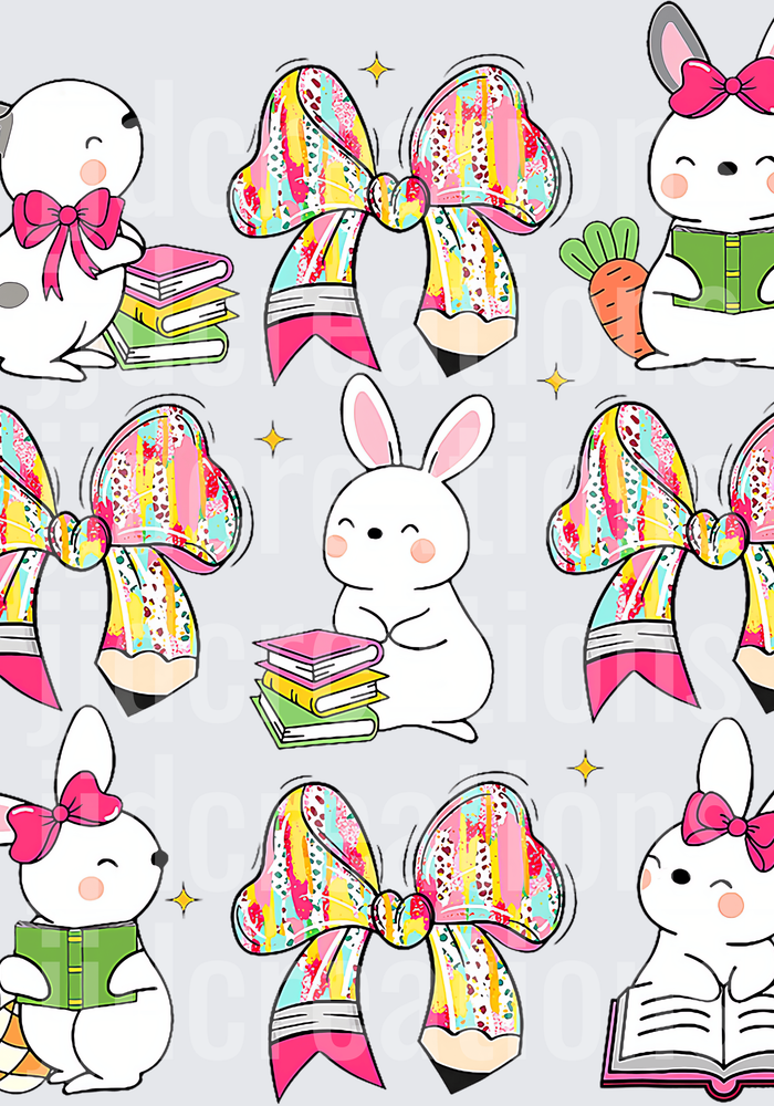 Cute Easter Bunnies with Colorful Bows Books and Carrots