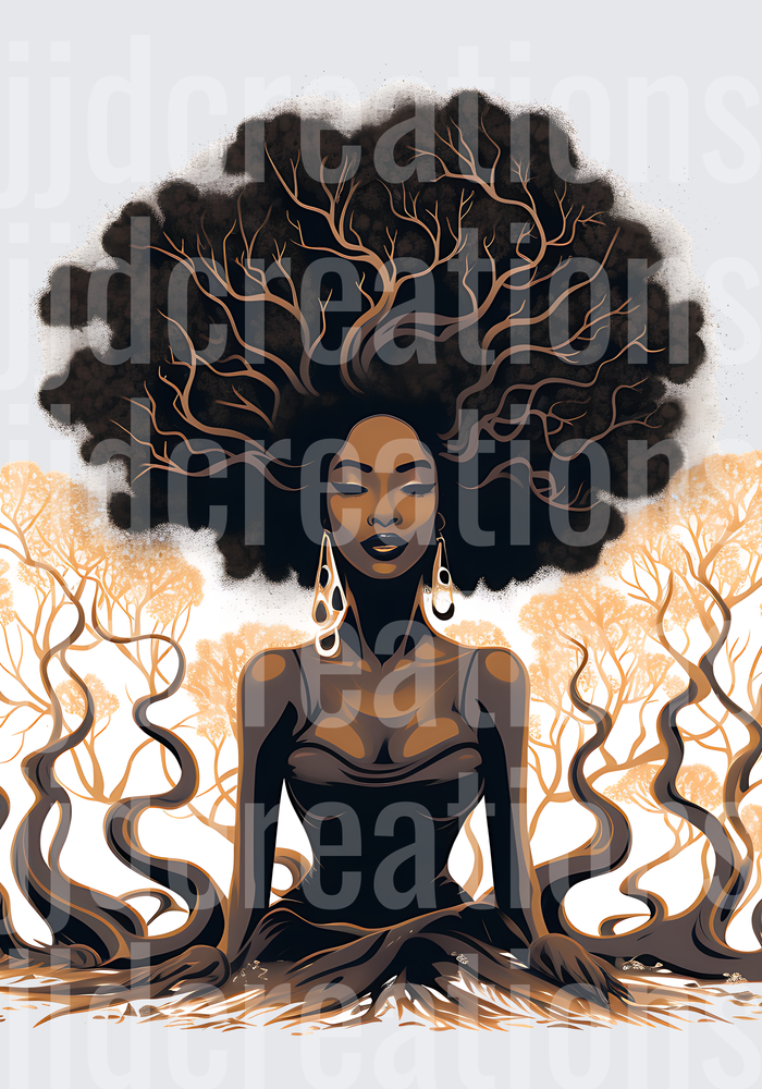African American Woman with Tree Branch Hair in Meditation Pose