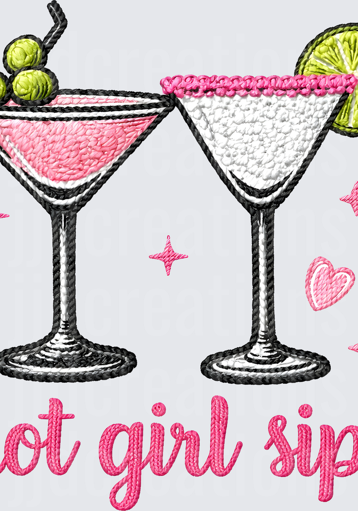 Hot Girl Sips Martini Cocktails with Pink Stars and Heart