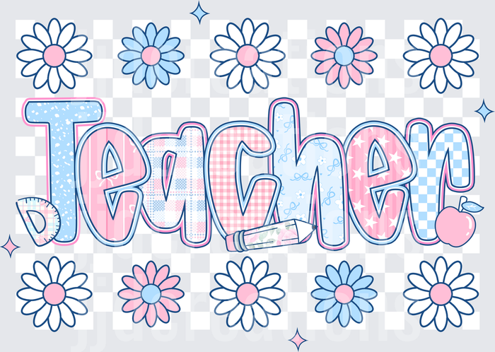 Teacher Text with Pastel Daisies and School Supply Icons