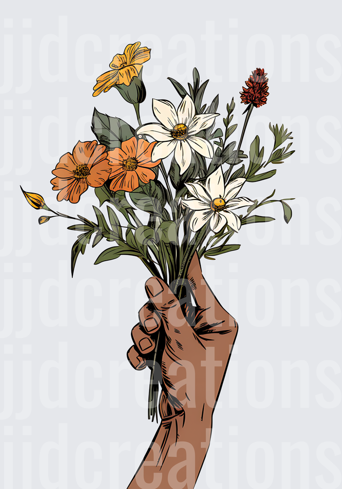 Hand Holding Wildflower Bouquet with Orange and White Blooms