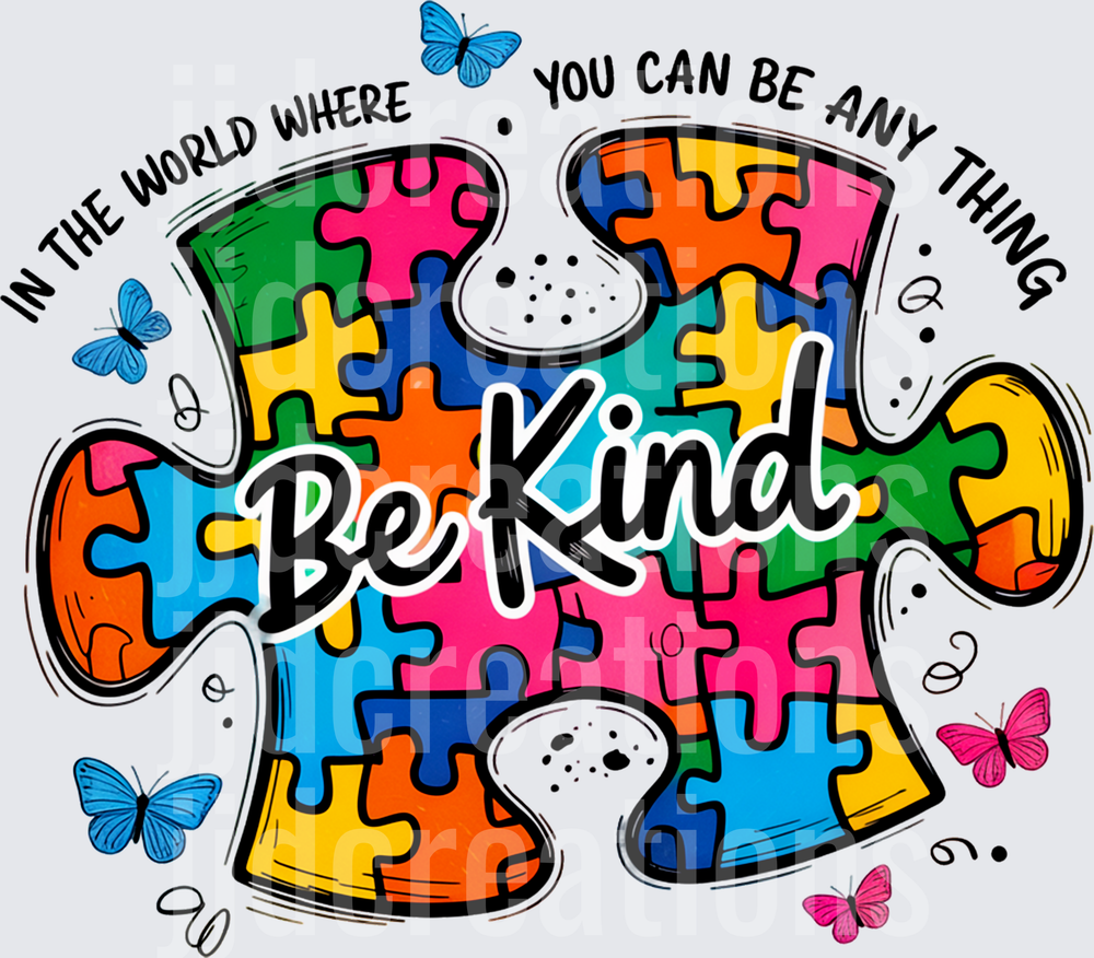 Be Kind Autism Awareness Puzzle Piece with Butterflies