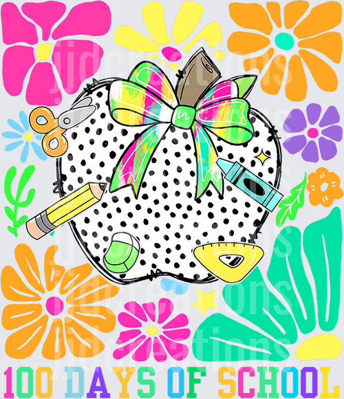 100 Days of School Polka Dot Pig with Colorful Bow and Flowers